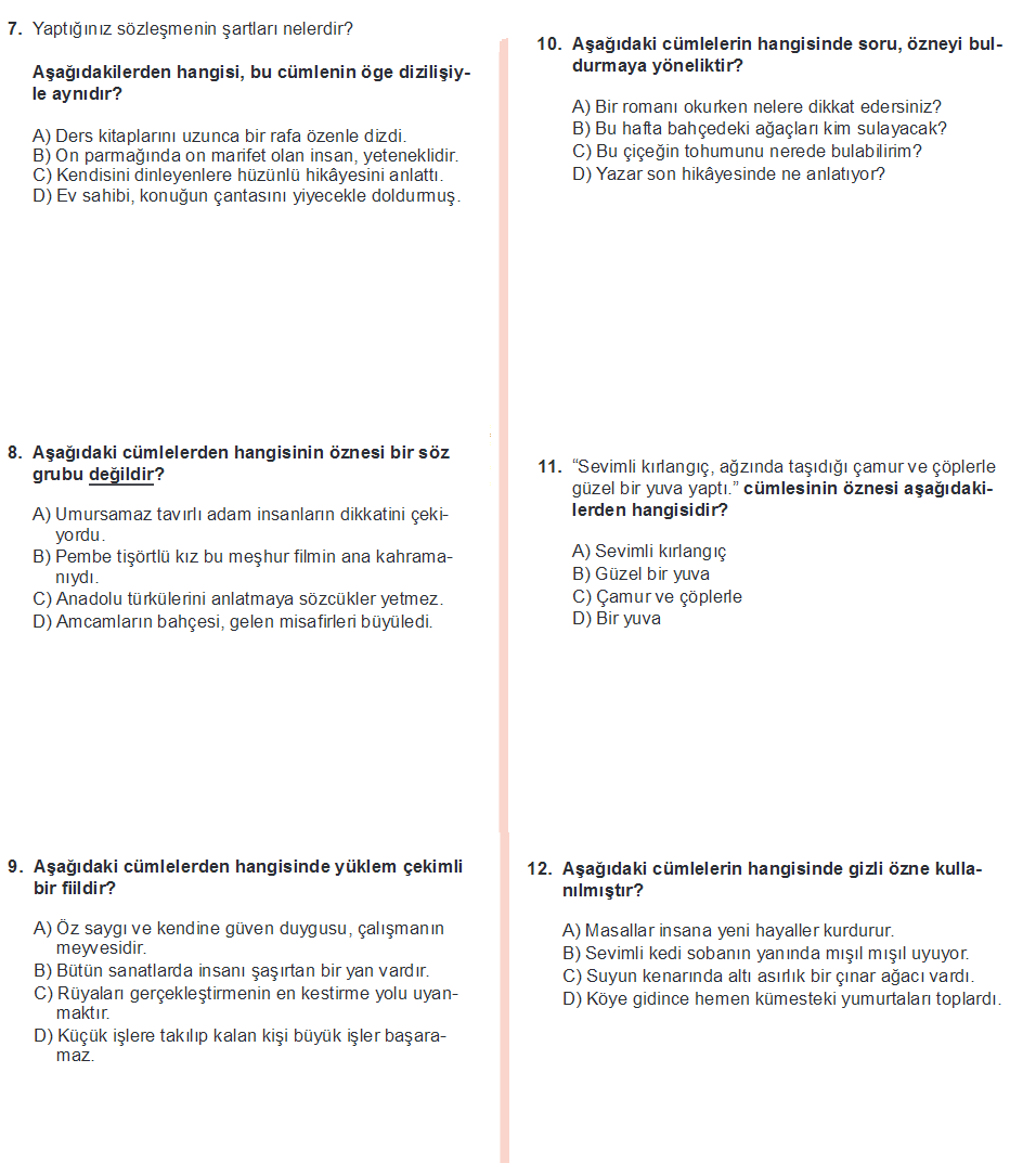 8.sınıf Türkçe - Cümlenin Temel Ögeleri - Konu Testi - Cümlenin Ögeleri