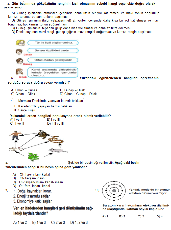 7. Sınıf Fen ve Teknoloji - 2. Dönem 3. Yazılı Soruları Ve Cevapları