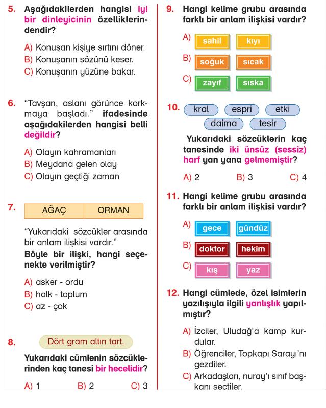 2. Sınıf Türkçe - 3. Hafta Tekrar - Konu Testi - 2. Sınıf Türkçe Konu